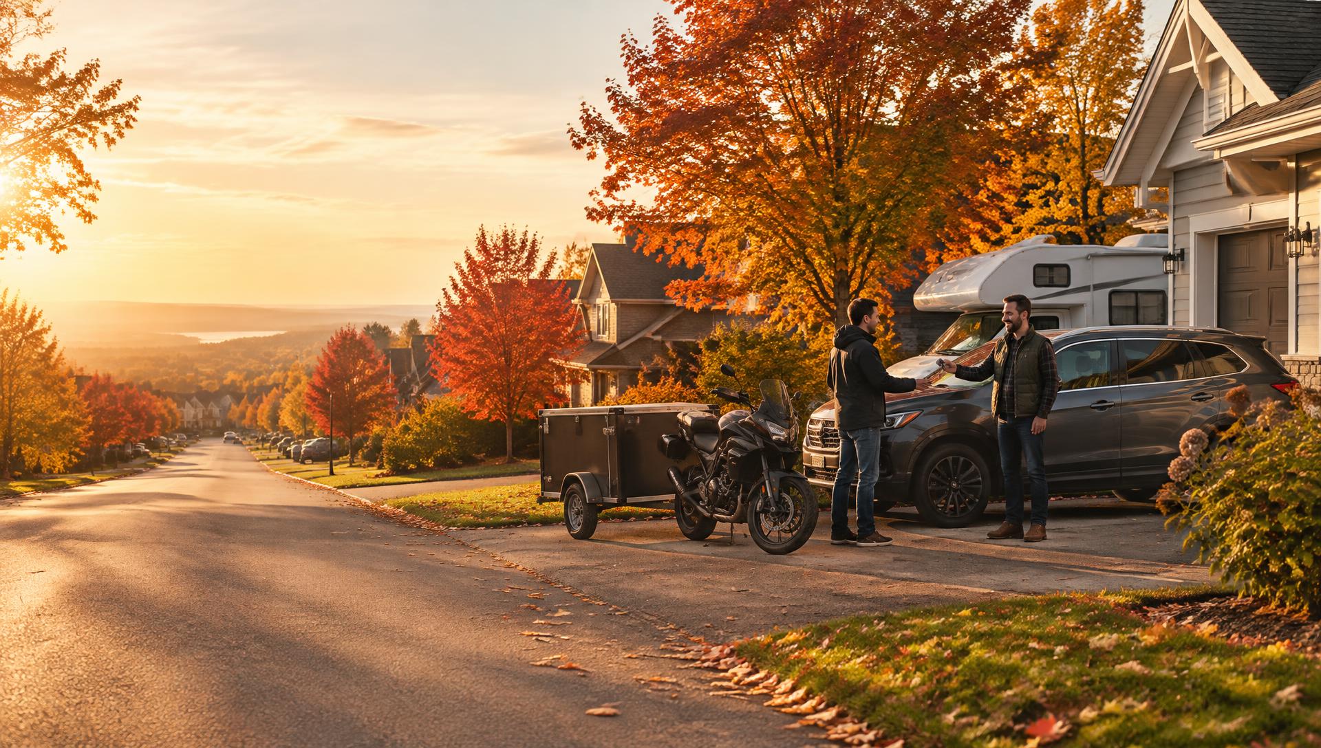 Deux personnes se passent les clés dans une rue résidentielle québécoise en automne, avec un VUS, une moto, une remorque et un camping-car.