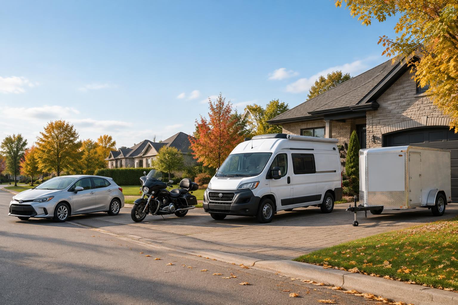 Auto, moto, VR et remorque sur une rue résidentielle de Laval